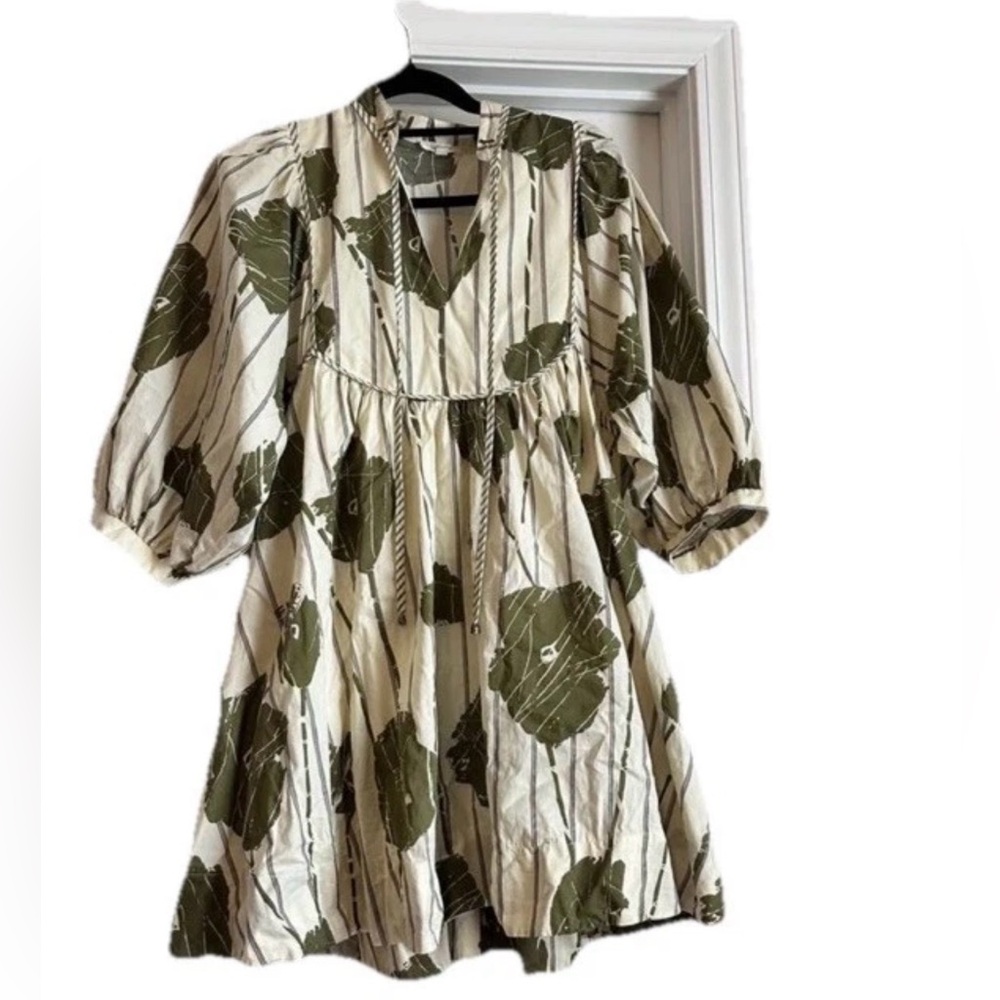 Entro Olive Cream Floral Mini Dress Boho Puff Sleeve Babydoll Size M
